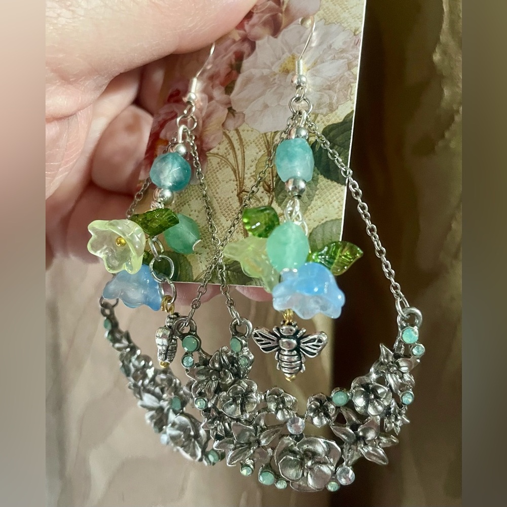 Vintage Upcycled Floral Silver Green and Blue Dangle Earrings - Picture 9 of 10